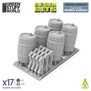 Green Stuff World: 3D Printed Resin Set - Stackable Wooden Barrels (5) (1:35)