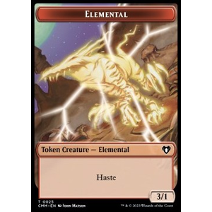 Magic löskort: Commander Masters: Elemental Token (R 3/1 Haste) // Servo Token (A 1/1)