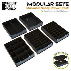 Stackable Hobby Drawer Rack with 5 horizontal drawers and dividers - Black (Magnetized)